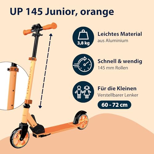 HUDORA Scooter Up 145 Junior - orange - Hochwertiger & sicherer Kinder Roller ab 3 Jahre - Zusammenklappbarer City Roller mit 145 mm Rollen - H&ouml;henjustierbarer Scooter f&uuml;r Jungen & M&auml;dchen bis 60 kg