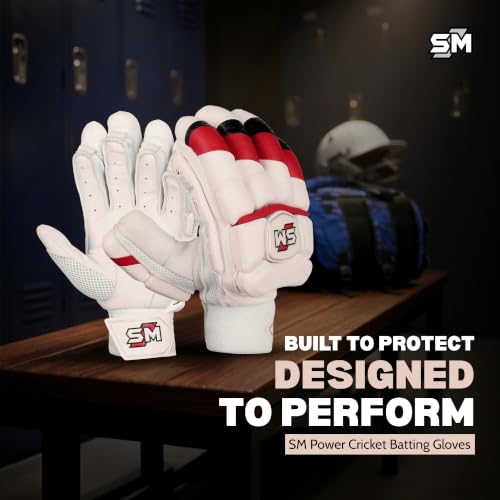 Image of SM Power Batting Gloves Men's | Cricket Gloves | Super Test Model | Imported Sheep Leather Palm | Full Fibre Shield | Plastazote Thumb Protection | Water-Repellent | Professional Gloves | Size Men's