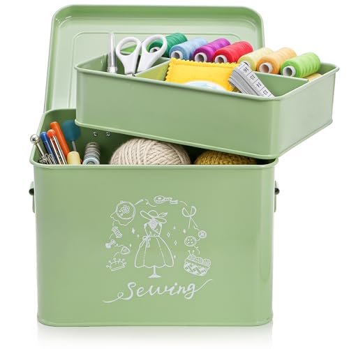 ZOOFOX Sewing Organizer for Sewing Supplies, Metal Sewing Box with Removable Tray and Reinforced Handles, Vintage Sewing Basket for Accessories Storage, Mother Birthday Mother's Day Gifts