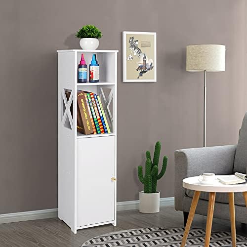 White Bathroom Floor Cabinet,Storage Cabinet with Doors and Shelves,Free Standing Tall Slim Side Organizer,Home Furniture Unit,Waterproof Kitchen Storage Rack,White Pantry Cabinet,24 x 22 x 90 cm.
