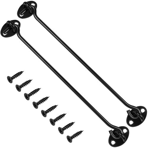 Image of 2 Pack Hook and Eye Latch, 10 Inch Black Cabin Hooks Stainless Steel Eye Gate Latch Easy Lock, Long Sliding Door Hooks Barn Door Catch with Screws for Outdoor Garden Shed Patio Window Wooden Gates