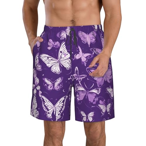 Purple Butterflies Floral Print Men's Hawaiian Shorts Beach Shorts Quick Dry Fun Swim Trunks Lining Bathing Suits