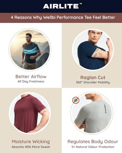 Image of Wellbi Bamboo Performance T-Shirt for Men | Raglan Sleeve Gym Training Sportswear | Quick Dry Moisture Wicking Anti-Bacterial | Ultra-Soft Breathable Eco-Friendly Activewear
