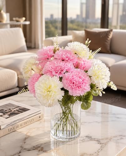 Image of Divyakosh Artificial Flowers Bunch (Vase Not Included), Pink & White Carnation Bouquet - 7 Flower Heads, Artificial Flower for Vase, Flower Bouquet Gift for Living Room,Table Office, Centerpiece