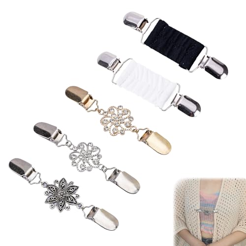 PLATEYTR Strickjacken Clips Vintage 5er Set – Pullover Clip Damen in Schwarz Weiß Silber – Elastischer Cardigan Clip Retro Stil für Kleider Blazer Schals Jacken – Vielseitiges Outfit Zubehör
