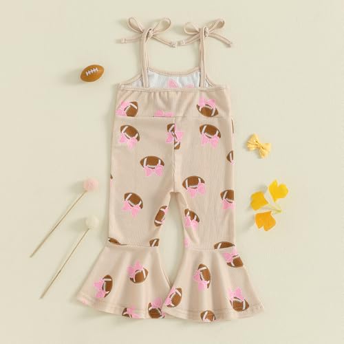 KMBANGI Toddler Baby Girl Football Outfit Rugby Bows Romper Spaghetti Strap Bell Bottoms Jumpsuit Game Day One Piece Clothes4