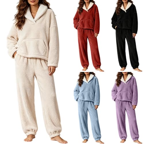 GOSEAGOTOFUN Pajama Set for Women Soft Fuzzy Pajamas Winter Fleece Warm 2 Piece Loungewear Cute Loose Fit Flannel Lounge Sets 01-Beige Small - image 1
