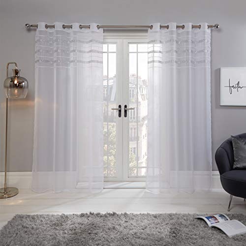 Sienna 2 Panel Voile Net Curtain Latina Diamante Band Eyelet Ring Top Sheer Curtains for Windows Soft Luxurious White Net Curtains for Living Room Bedroom, 55" x 87"