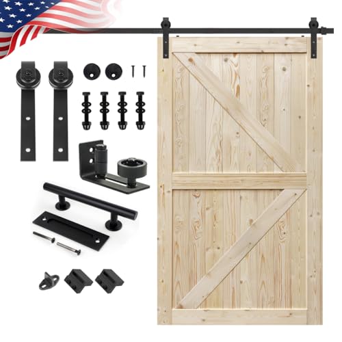 Image of S&Z TOPHAND 48in x 84in Unfinished British Brace Knotty Barn Door with Sliding Hardware Kit /Solid Wood /Sliding Door /Double Surfaces /A Simple Assembly is Required