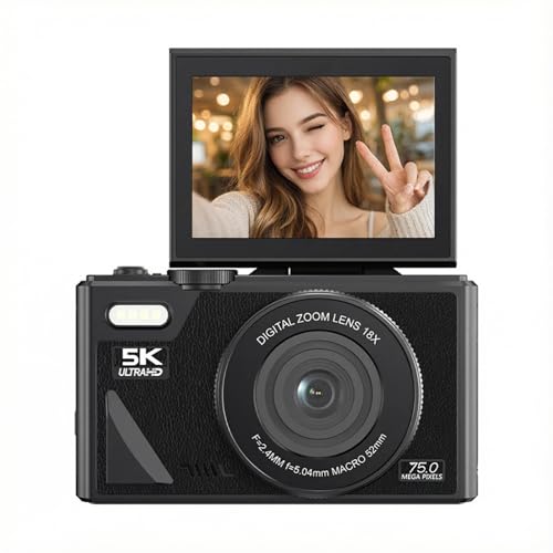 5K Digital Camera, 75MP HD Autofocus Vlogging Camera, 18X Digital Zoom Retro Mirrorless Camera with 3" Screen for Photography (Black)