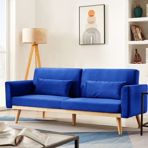 Awqm Velvet Futon Sofa Bed, Memory Foam Couch Set, Upholstered Modern Daybed Convertible Folding Loveseat Recliner With Pillows And Wooden Frame For Compact Living Room, Apartment, Dorm, Office (Blue) #TOP1