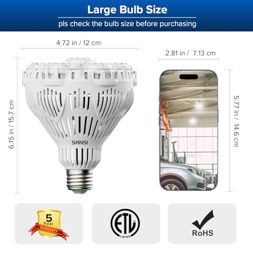 SANSI 45W 6000 Lumens Brightest LED Light Bulb, BR30 400W Equivalent 5000K Daylight E26 to E39, Super Bright Bulb Non-Dimmable, 22-Year Lifetime Energy Saving for Home Workshop
