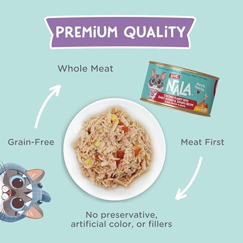 Image of LOVE, NALA - Natural Adult Cat Wet Food - FLAKED Chicken, Sweet Potato, Tomato in Broth - Grain Free, Non-GMO, Digestive Fiber, Vitamins, Minerals - 12 Pack 2.4 lbs.