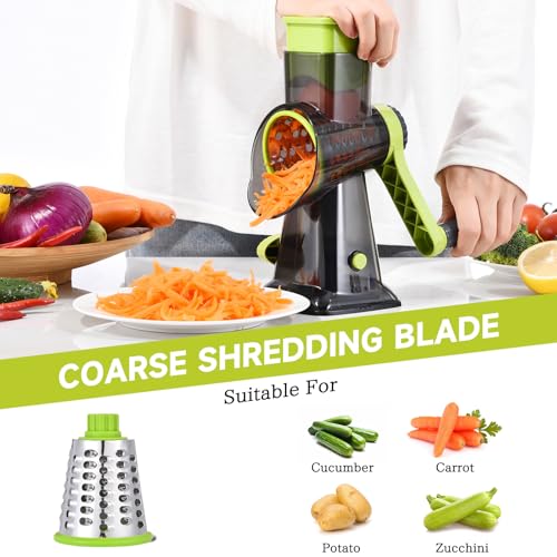 Image of Rotary Cheese Grater with Handle Kitchen Shredder Slicer Grater Slicer Ice Shaver Cheese Vegetable Nuts Potato Zucchini Chocolate 3 Interchangeable Blades (Green TSP)