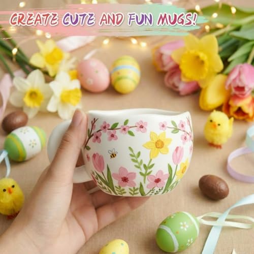 Image of Geiserailie Pottery Painting Kit for Adults, Paint Your Own Mug DIY Set with 2 Ceramic Mugs, 12 Acrylic Paints & Brushes Painting Gift for Easter Graduation Mother's Day Party(Petal-Shaped Mouth)