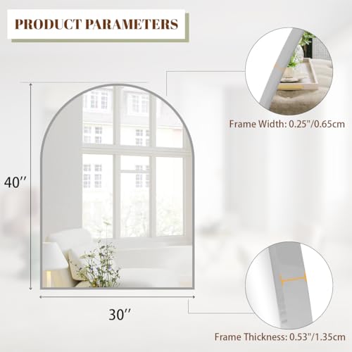 Image of BEAUTYPEAK 30 inchx40 inch Arch Bathroom Mirror, Wall Mounted Vanity Metal Frame Mirror for Bedroom, Entryway, Living Room, Silver