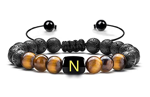PANSHI Initial Beaded Bracelets for Mens Bracelet Handmade Custom Name Letter Lava Stone Beads Jewelry Meaningful Personalized Birthday Gifts for Men Women Mom Husband Boyfriend Dad (N-Tiger Eye)