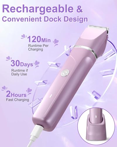 Image of Electric Razors for Women 2 in 1 Bikini Trimmer for Women Cordless Dry /Wet Use Electric Shaver for Pubic Hair, Armpit, Facail Hair Removal, Waterproof Pearl Purple