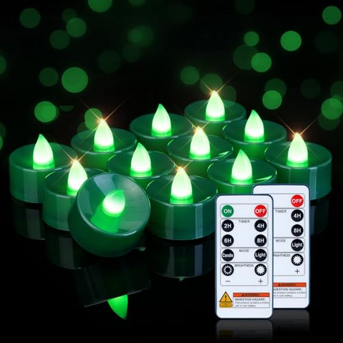 Image of Homemory 24-Pack Green Remote Flameless Battery Tea Light Candles, 400+ Hrs | 2 /4 /6 /8H Timer LED Flickering Tealight Votives for Christmas Trees, Weddings, Menorahs, Floral Decor and Nightlights