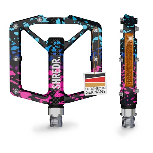 SHREDR. Shine Pedale für MTB | Hochwertige Flatpedals fürs Mountainbike | Mit Reflektoren (StVZO konform) | Special Edition - Jedes Pedal ist EIN Unikat (pink/türkis, M)