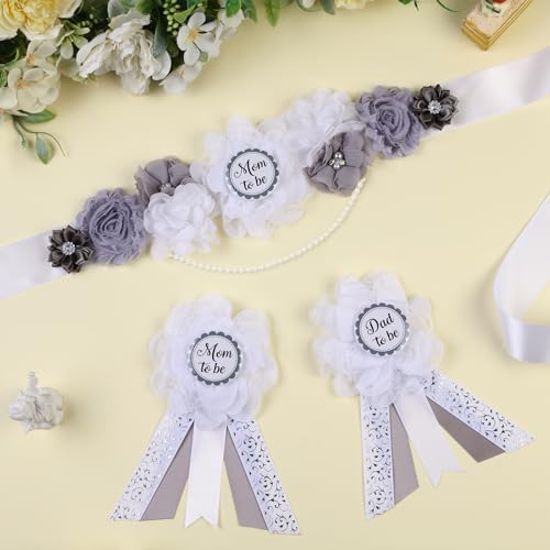 Image of Gray and White Gender Reveal Maternity Sash Kit, Sliver White Baby Shower Belly Belt and Mom to Be Dad to Be Corsage Pins, New Parents Pregnancy Announcement Photo Props Party Supplies