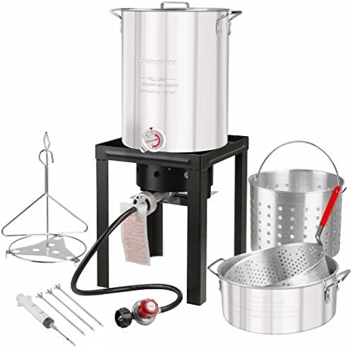 Propane Outdoor Turkey Fryer Set Seafood Boiler Kit Fish Fryer with Crawfish Cooker Pot Basket 55000 BTU Gas Burner Heavy Duty Steel Frame 30 & 10 Quart Aluminum Stock Pot & Basket Lid