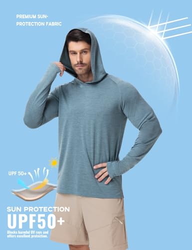 Image of Mens Long Sleeve Athletic Hoodie Sun Protection Gym Workout Shirt for Hiking Running Fishing