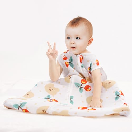 Image of BSTOPPT 2 Pack Baby Sleep Sack 12-18 Months 100% Organic Cotton Muslin Baby Sleeping Bag 2-Way Zipper Wearable Blankets (Flower & Cherry, Large), QYY24-HUA