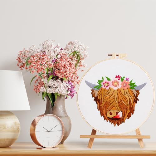 Image of Louise Maelys 3 Sets Highland Cow Embroidery Kits for Beginners,Cross Stitch Kit for Adults,Starters DIY Needlepoint Including Embroidery Hoop Cloth Needles Instruction and Threads