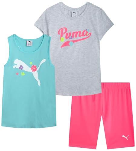 Image of PUMA Girls' Active Shorts Set - 3 Piece Performance T-Shirt, Tank Top, Bike Shorts - Summer Athletic Outfit for Girls (7-14)