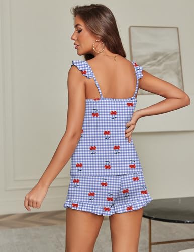 Image of Ekouaer Pajama for Women Set 2 Piece Ruffle Cami Top and Shorts Pjs | Soft Sleepwear, Lightweight Sexy Sleep Pj for Lounging, Date Nights, Honeymoon, Bridal Preparation, Holidays, or Wedding Day