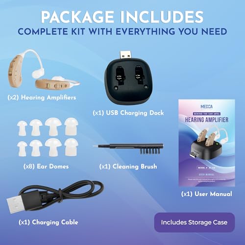 Digital Hearing Amplifier - (Pair of 2) Noise Cancelling with One Touch Volume Control, No Programming Required, Near-Invisible Behind The Ear, Upgraded 2019 Design & Rechargeable USB Dock by MEDca