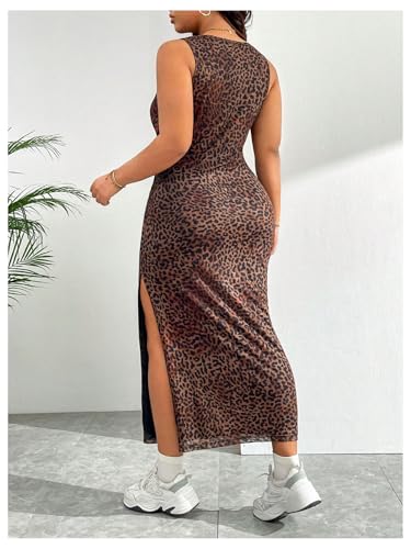 Image of BEAUDRM Women's Y2k Plus Size Glitter Midi Long Dress Leopard Cheetah Split Mesh Tank Dress Party Rave Outfits Multicolor Large Plus