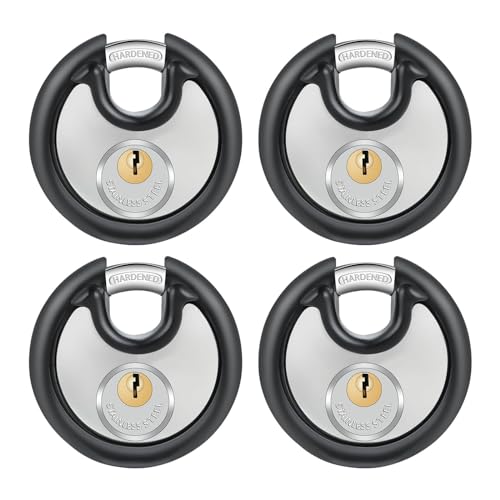 DAYGOS Heavy Duty Padlock with 8 Keys, 70mm Disc Keyed Lock for Storage Shed, Garage, Storage Lockers, Sliding Doors, Tool Box, and Cabinets (4 Pack Keyed-Alike, 3/8-Inch Shackle, Rubber Bumper)