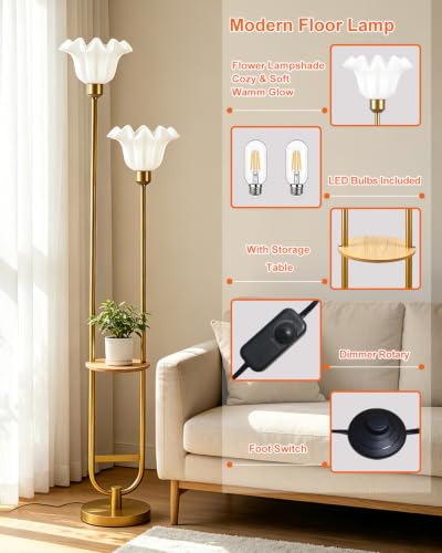 Image of Flower Floor Lamps with Table, 2-Lights Dimmable Floral Floor Lamp, 3000K Warmwhite Modern Floor Lamp, Vintage Gold Standing Lamp with 5Lbs Heavy Base for Living Room Bedroom Girls Room