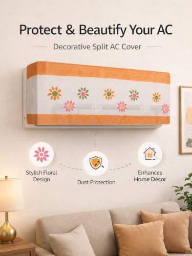 Image of Premium Cotton Net Split AC Cover for 1.5 Ton Indoor Unit | Designer Summer AC Dust Protection Cover | Stylish Protective AC Cover | 38 x 15.35 x 7.8 In | Orange Flower