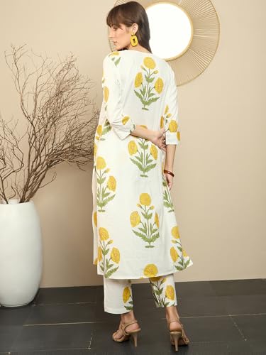 Image of INDO ERA Women Cotton White Printed Straight Kurta Pant Set