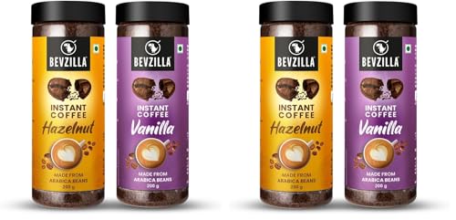 Image of Bevzilla Instant Coffee Combo | 200g Hazelnut & 200g Vanilla Flavoured Instant Coffee Powder | Perfact For Espresso, Latte & Cappuccino | Hot & Cold Brews (Pack of 2)