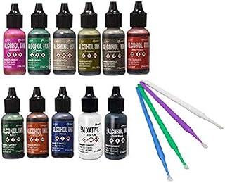 Ranger Tim Holtz Alcohol Ink Bundle - 11 Pc. Terrain Set - Rustic Lodge, Tuscan Garden, Valley Trail, Pitch Black and Snow Cap with Bonus PTP Blending Sticks