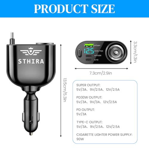 Image of 5 in 1 Car Cigarette Lighter Splitter with Retractable USB C Charging Cable, LCD Real Time Voltage Display, Dual PD 30W Type C Ports, USB A Port Universal 12V /24V Car Cigarette Lighter Charger