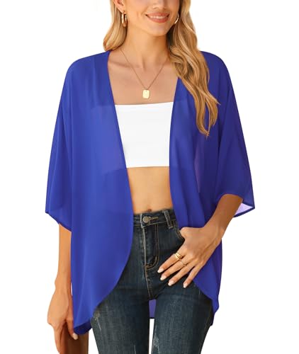 LILBETTER Women Lightweight Chiffon Cardigan Puff Sleeve Loose Beach Wear Cover Up Blouse Top(Royal Blue Small)