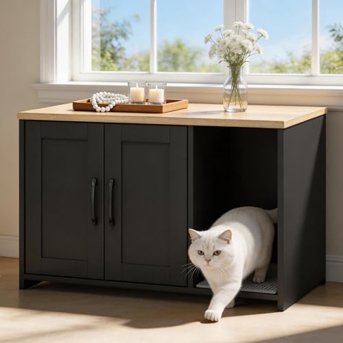 Cat Litter Box Enclosure, Hidden Cat Litter Cabinet with Scratching Mat, Wooden Litter Cupboard with 2 Doors Cabinet and Open Space for Living Room Bedroom Dining Room (Black)