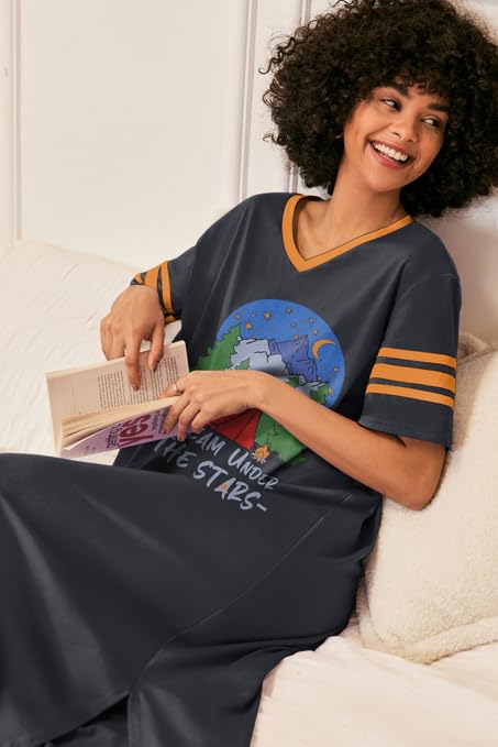Image of Ekouaer Long Nightgown, Womens V Neck Loungewear Oversized Sleepwear Loose Sleep Dress S-4XL