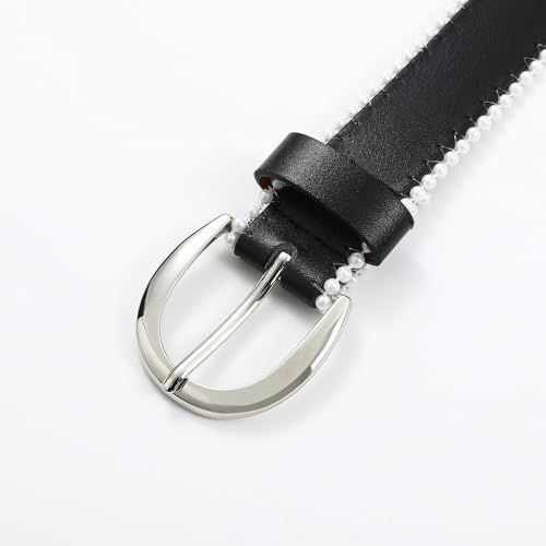 Women's Black Leather Belt with Silver Buckle and Pearl Embellishment - Perfect for Pants and Dresses3