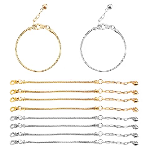 8 Pièces Bracelet Charms,Avec Fermoir à Homard Approprié DIY chaîne serpent acier inoxydable,Bracelet Femme Disponible pour kit fabrication bijoux(Or et argent 16 cm + 5 cm)