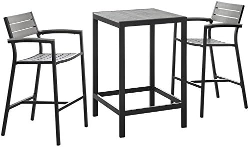 Modway Maine Aluminum 3-Piece Outdoor Patio Dining Bistro Pub Set with 28" Bar Table and Two Bar Stools in Brown Gray