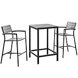 Modway Maine Aluminum 3-Piece Outdoor Patio Dining Bistro Pub Set with 28' Bar Table and Two Bar Stools in Brown Gray