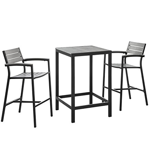 Modway Maine Aluminum 3-Piece Outdoor Patio Dining Bistro Pub Set With 28" Bar Table And Two Bar Stools In Brown Gray #TOP3