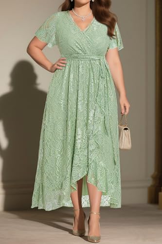 Plus Size Dresses Wedding Guest - Formal Cocktail Party Long Lace High Low Wrap V Neck Dress3