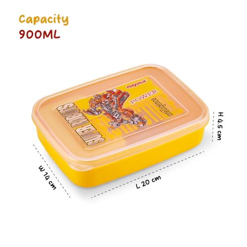 Image of Nayasa Ninja 2 Compartment BPA-Free Plastic Lunch Box for Kids Boys | Transformer Print | Leak Proof Push Lock | Yellow